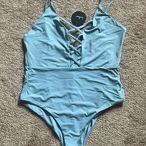 Lulu's Blue One Piece Swimsuit with Plunging Neckline